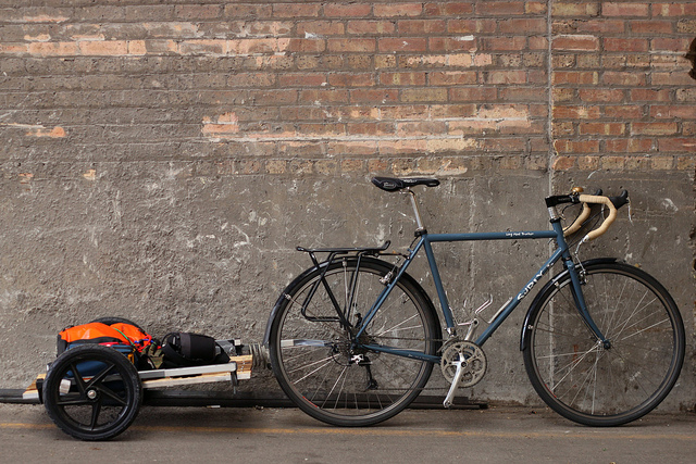 Bicycle with a bike trailer. carrying gear on your bike for bike camping trips